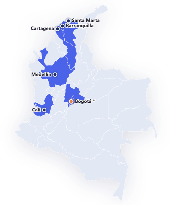 Mapa de Colombia con las ciudades donde opera Wred